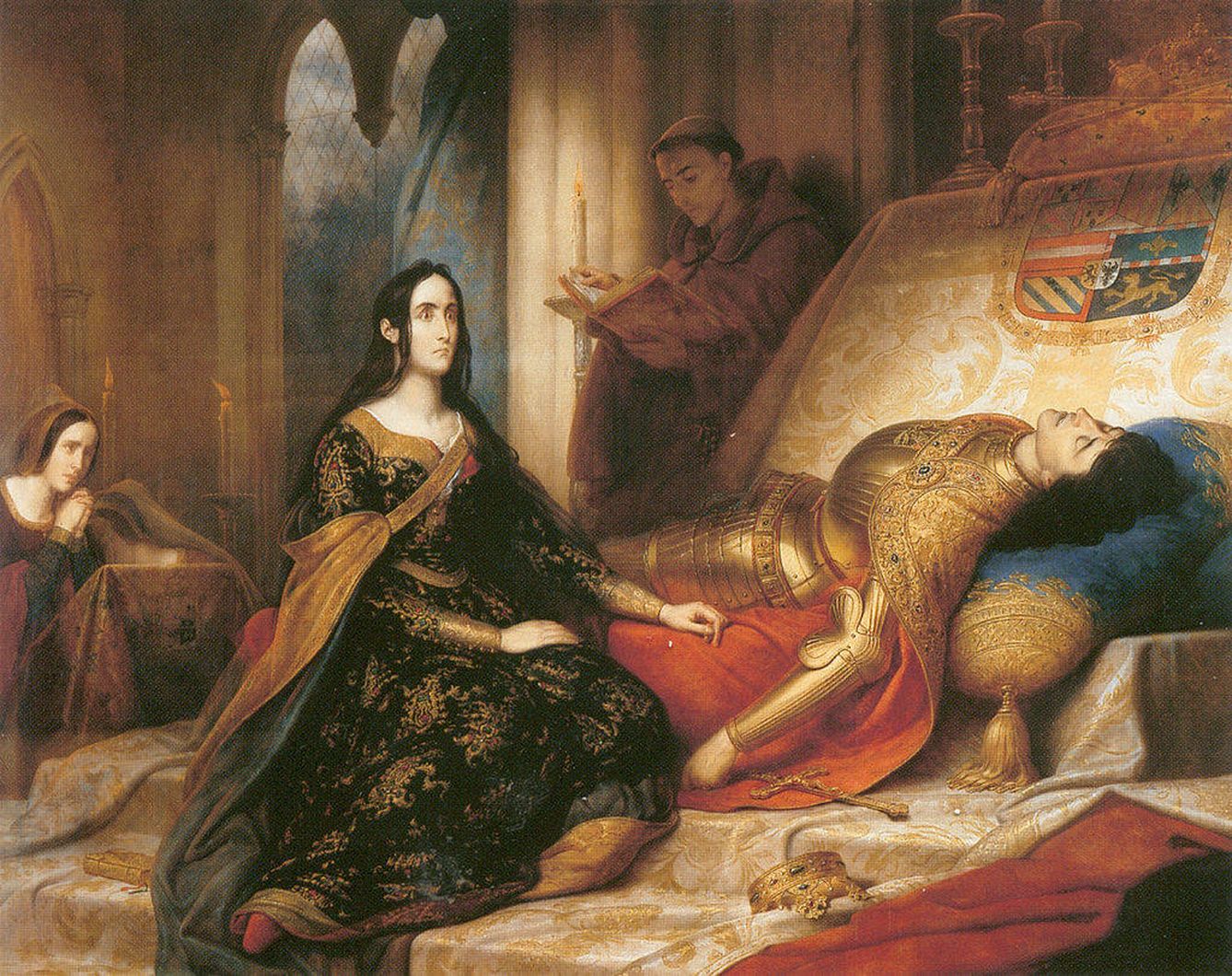 Juana la Loca, a los pies de Felipe el Hermoso en su lecho de muerte. (Cuadro de Charles de Steuben en el Palais des Beaux-Arts, Lille)