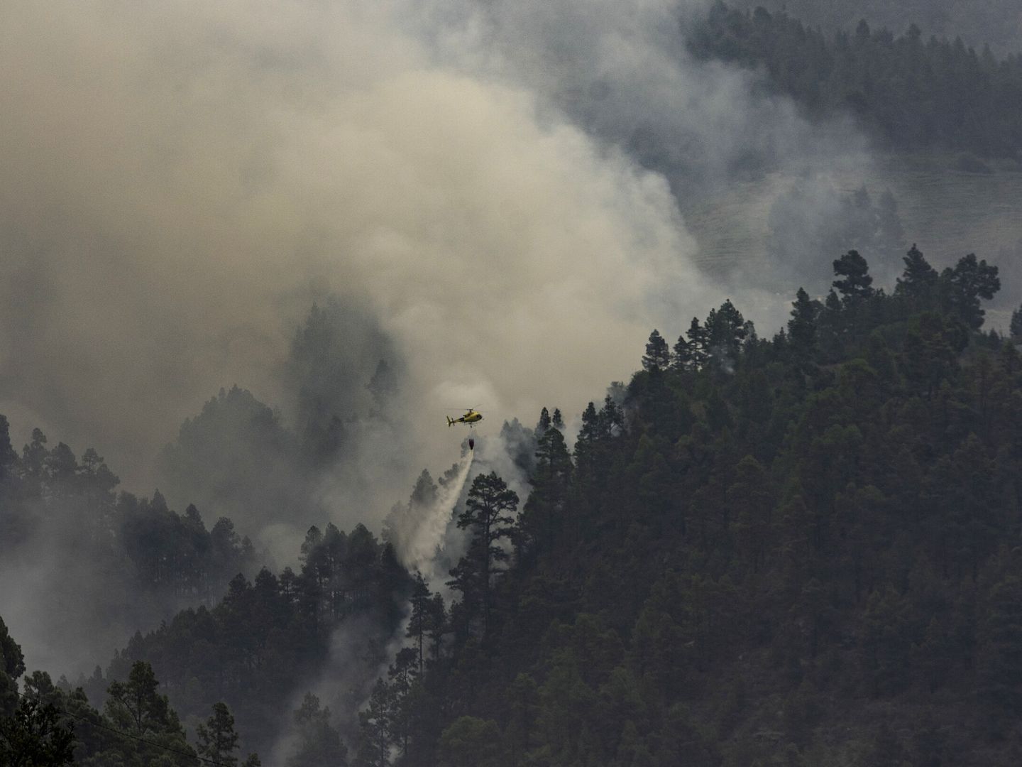 Un helicóptero descarga agua sobre el incendio forestal de La Palma. (EFE)