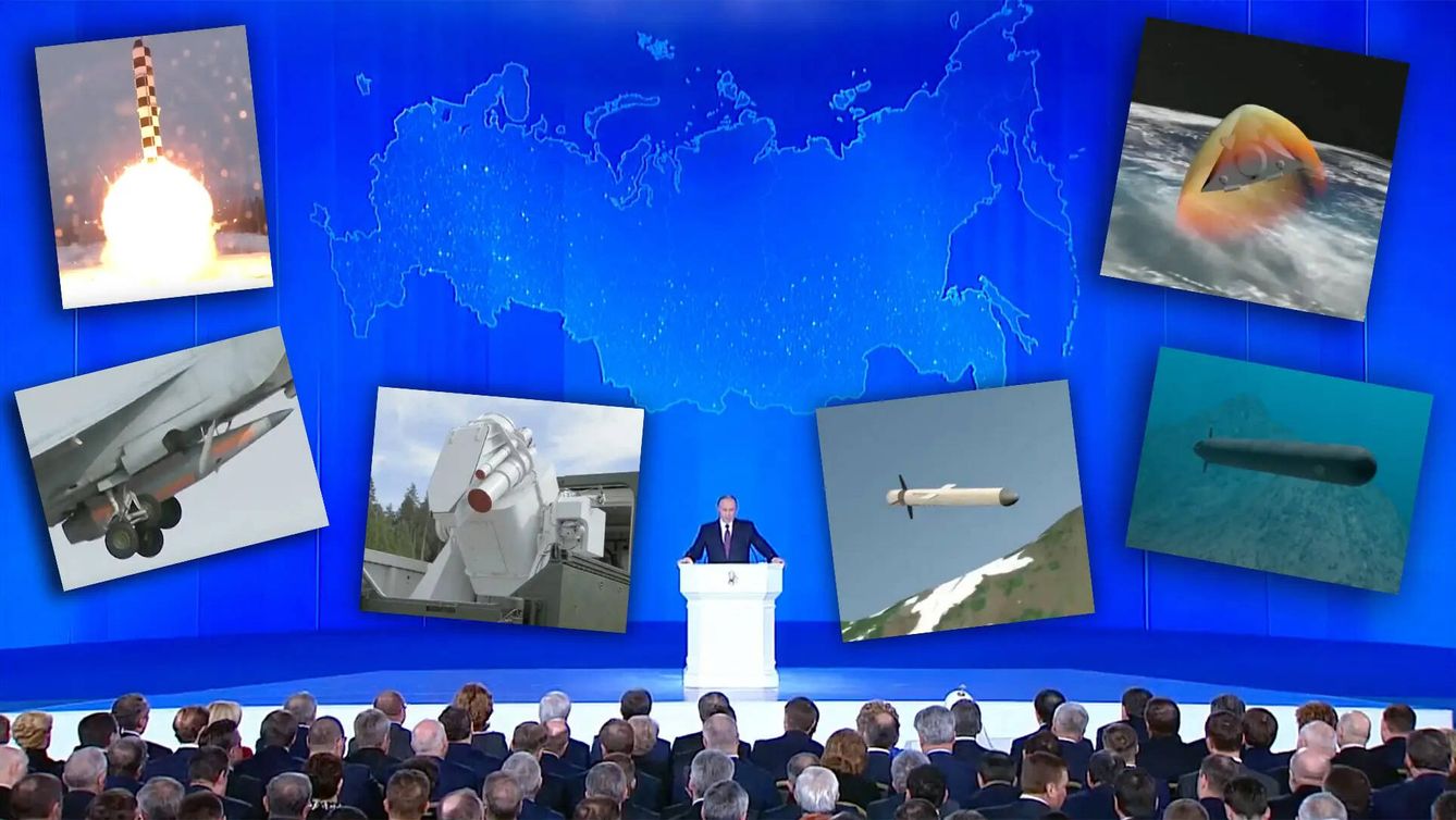 Putin durante el evento de presentación de sus seis armas superavanzadas en el centro Manezh Central Exhibition Hall, cerca del Kremlin, el 1 de marzo de 2021.