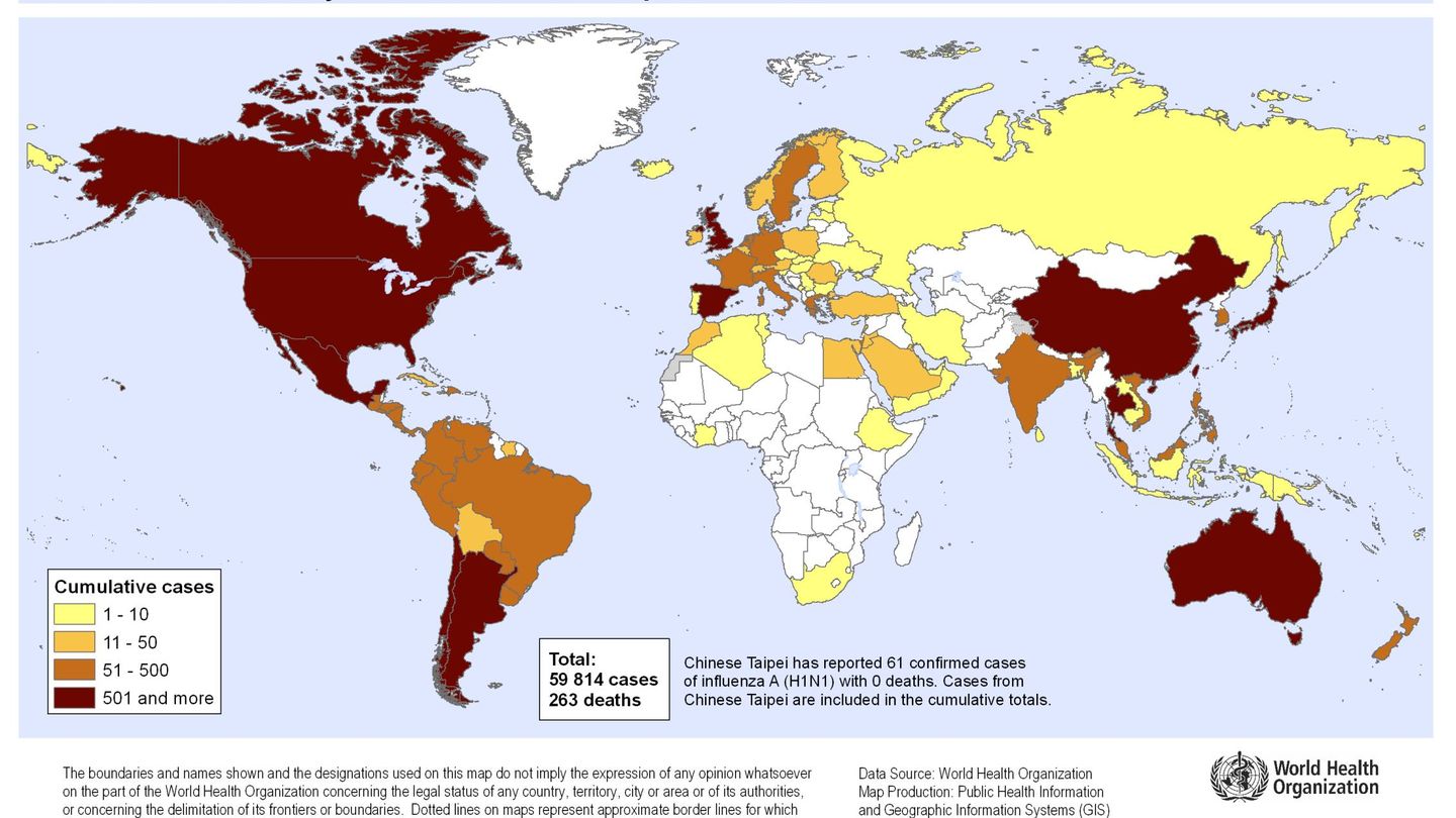 Mapa del impacto de la gripe A en junio de 2009.