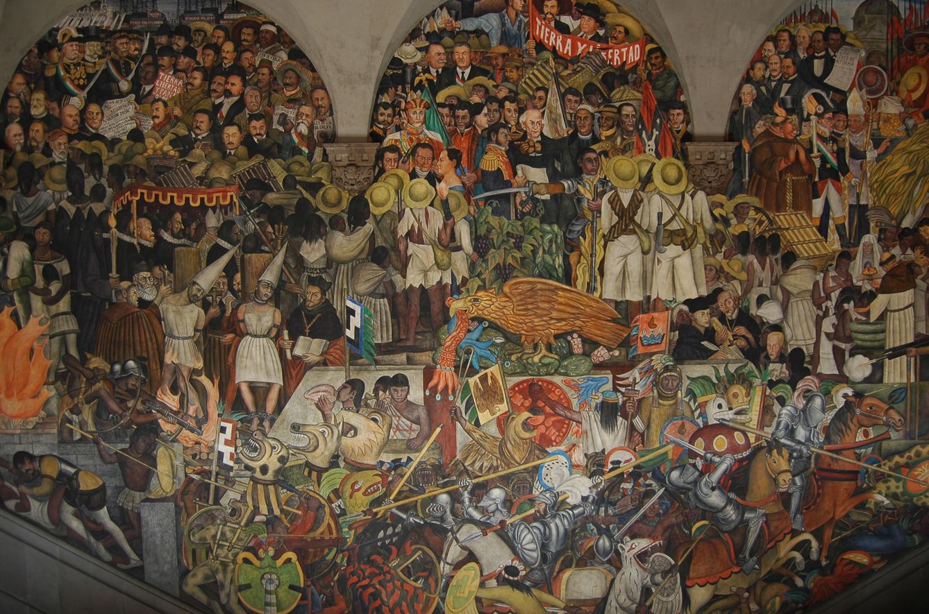 El muralista Diego Rivera retrató la conquista y exterminio del pueblo azteca.