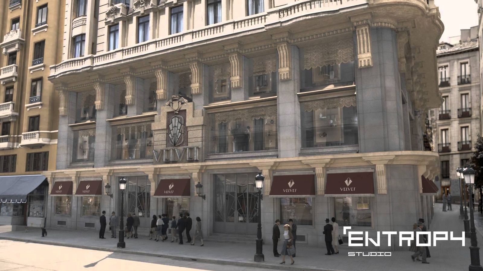 Foto: Recreación de la fachada de las Galerías Velvet en 3D