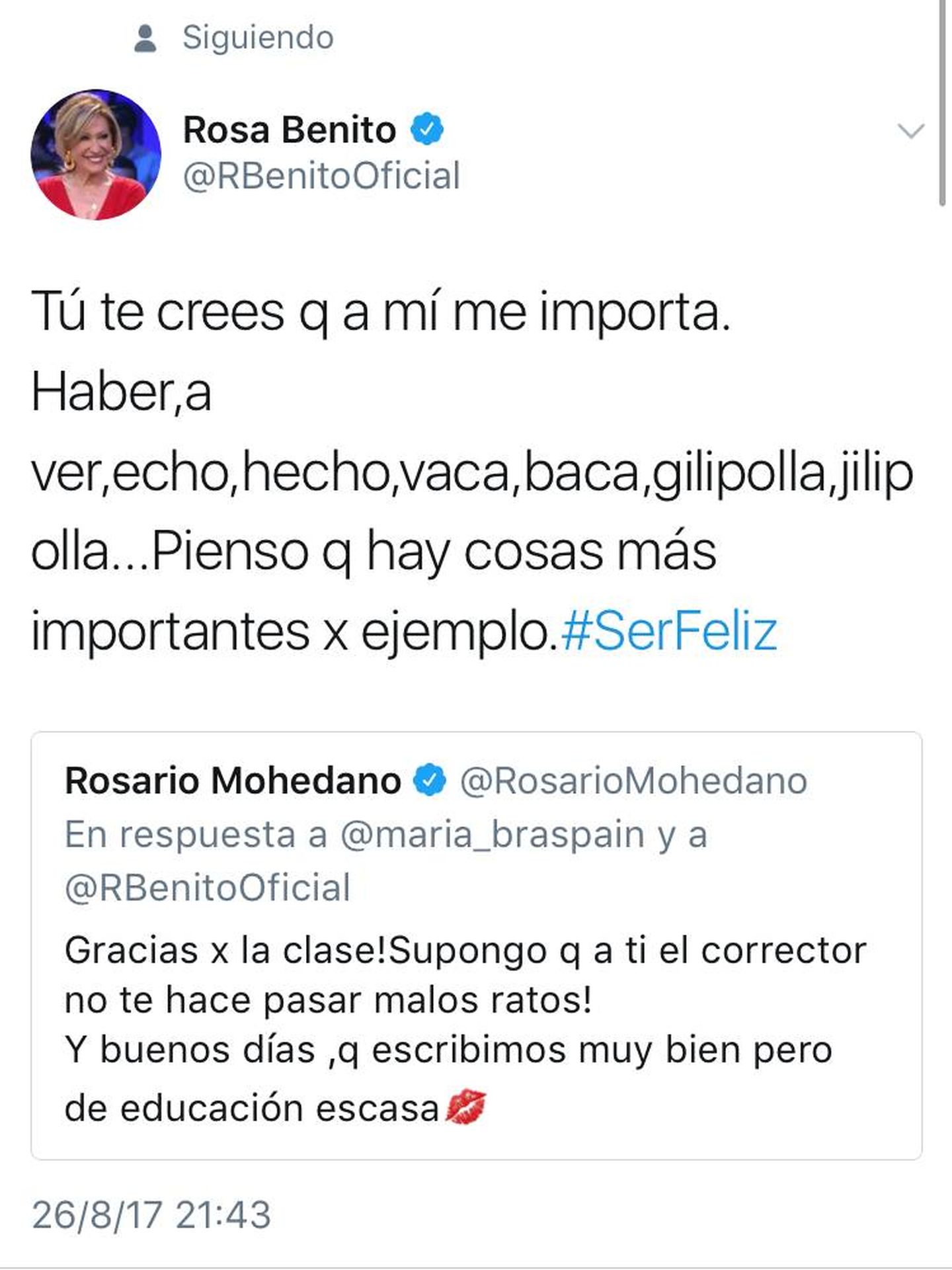 Tuit de Rosa Benito sobre su falta de ortografía. 