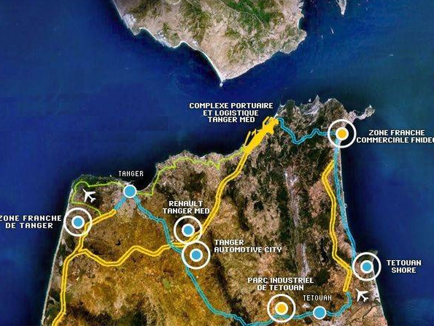 El complejo logístico de Tánger, a 14 kilómetros de España, en el estrecho de Gibraltar. (AIVP) 