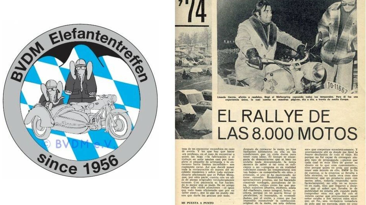 Recorte de la revista 'Motociclismo' de la época y símbolo de la concentración motera donde sale la BMW R75