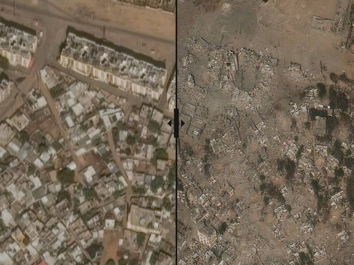 Foto: Estas imágenes de satélite muestran el antes y el después de la destrucción en la Franja de Gaza (Maxar Technologies/Reuters)