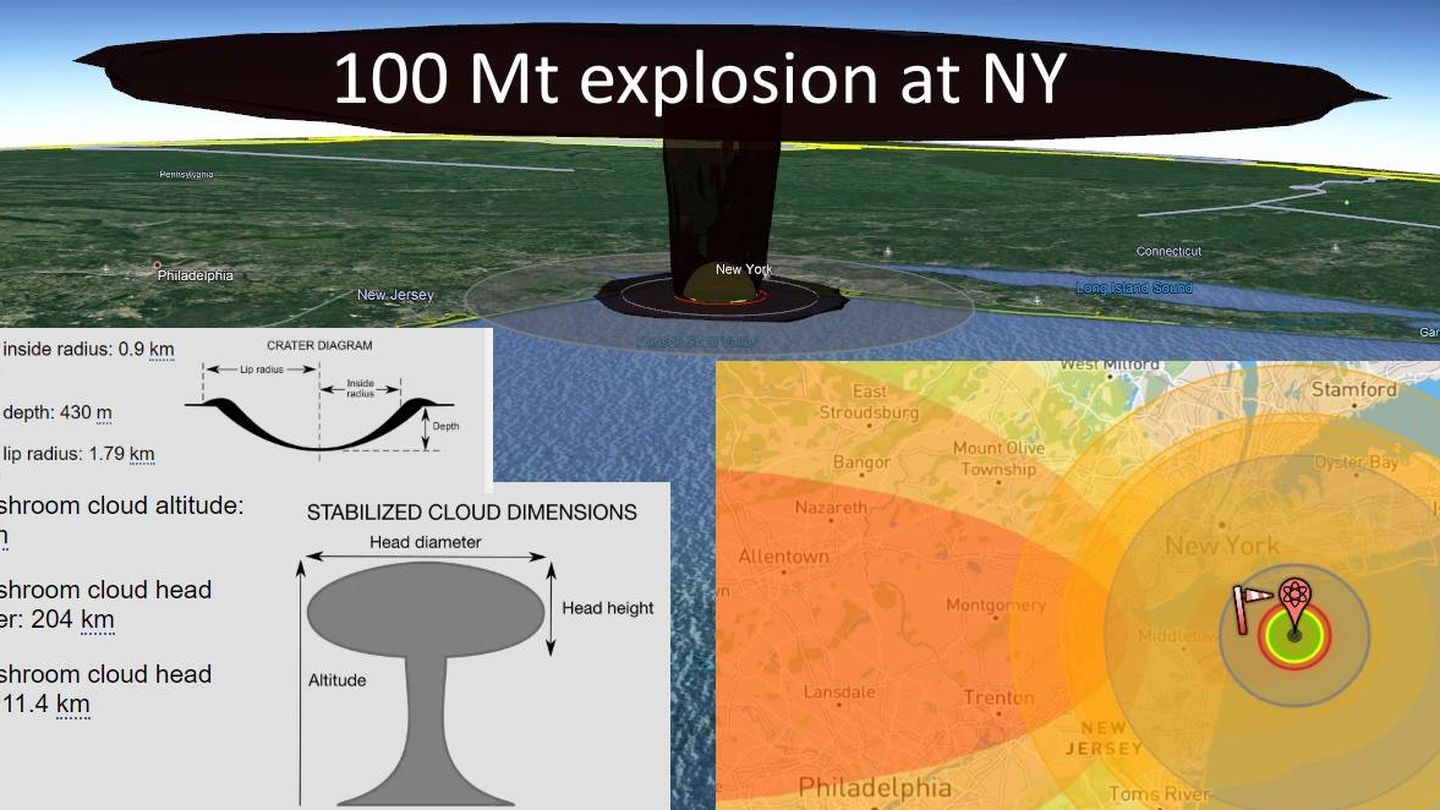 Una simulación de una explosión de 100 megatones en Nueva York. (Ldsleep with Leaflet and Alex Wellerstein/CC)