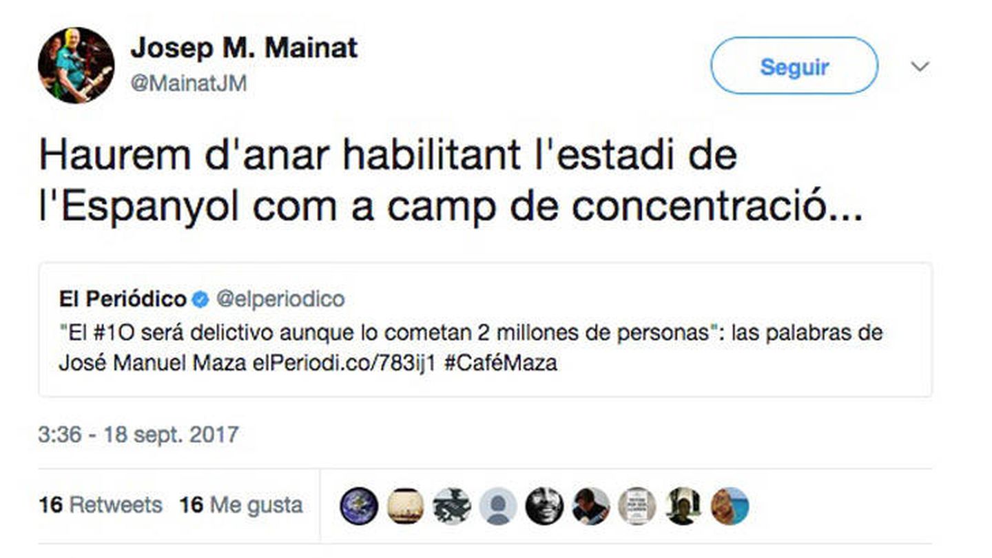 Tuit borrado de Josep Maria Mainat, ex líder de Gestmusic. (E-noticies)