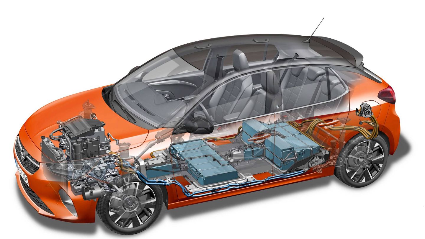 Radiografía del Opel Corsa-e donde se aprecia dónde se sitúan las baterías. 