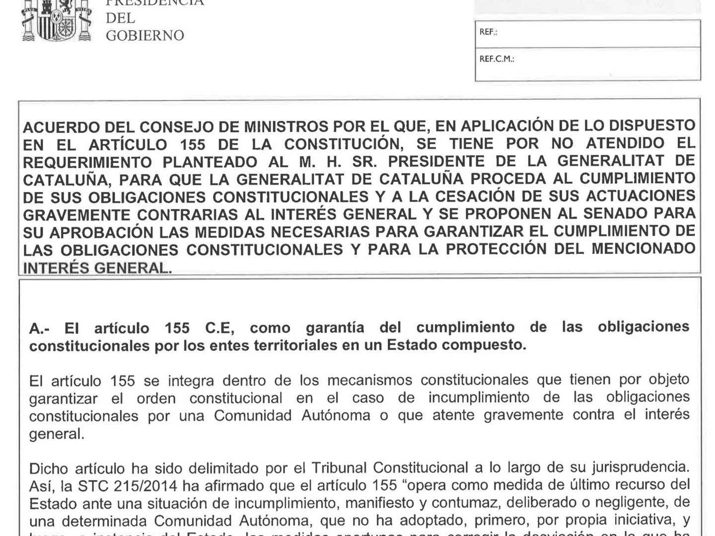 Haga clic para leer el acuerdo del Consejo de Ministros para aplicar el artículo 155 en Cataluña