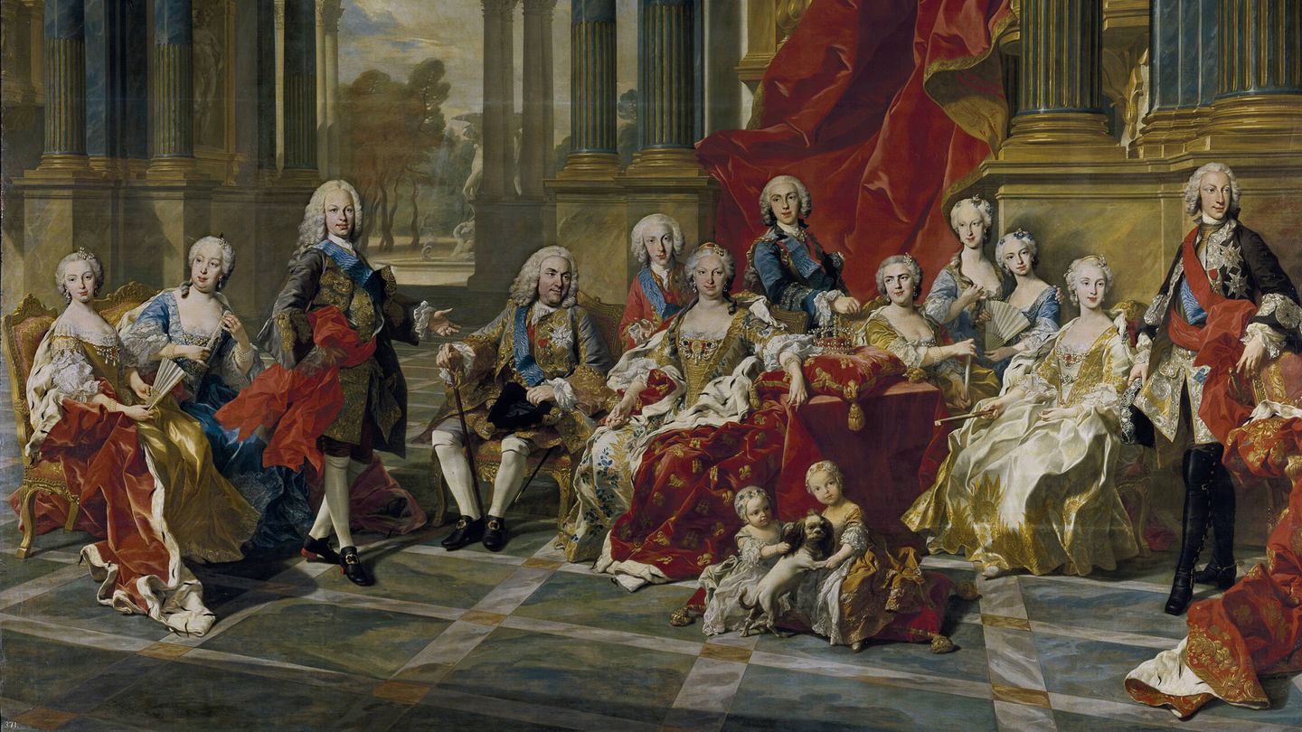 La familia del rey Felipe V de España, nieto de Luis XIV de Francia, en un retrato de 1743 por Louis-Michel van Loo. (Wikimedia)