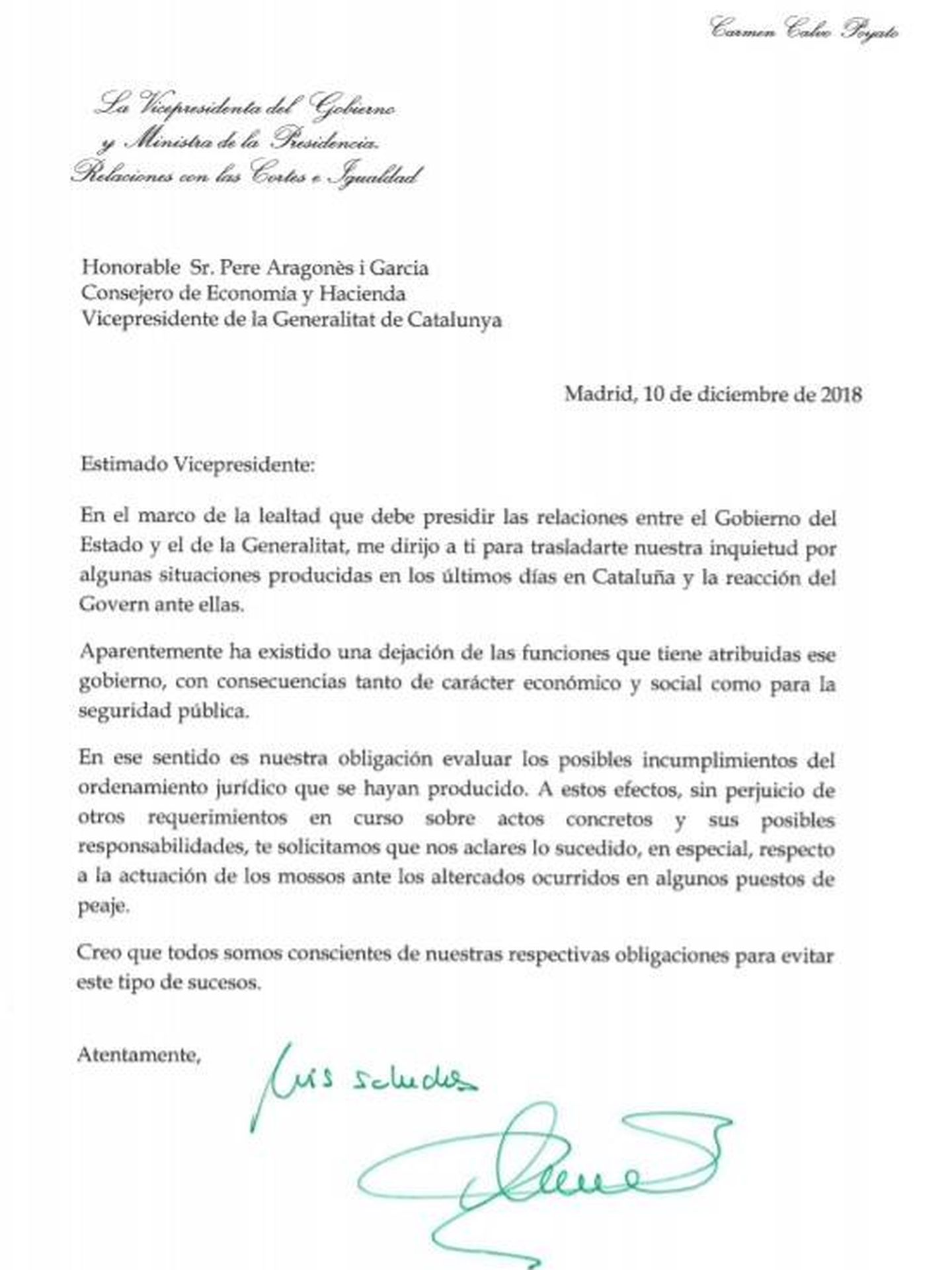 Consulte aquí en PDF las cartas de Carmen Calvo, Fernando Grande-Marlaska y José Luis Ábalos a sus homólogos del Govern. (EC)