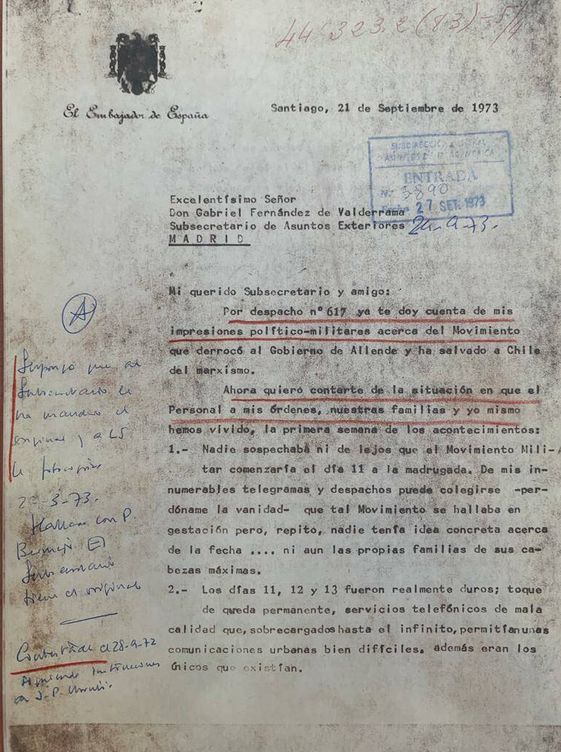 Carta de 21 de septiembe de 1973 del embajador español en Chile al subsecretario de Asuntos Exteriores. (Cedida) 
