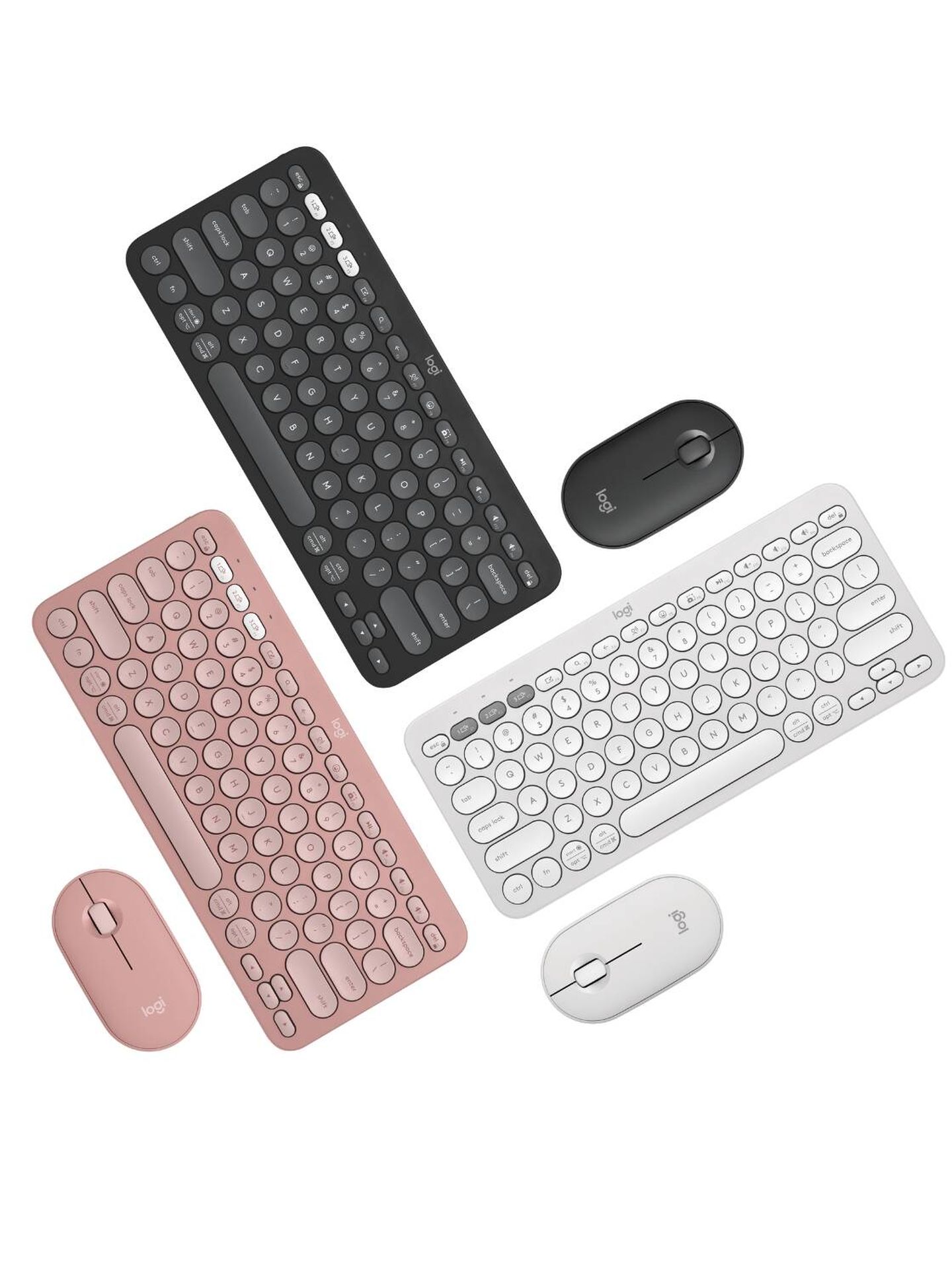 El ratón Pebble 2 y el teclado K380S en sus tres colores. (Cortesía)