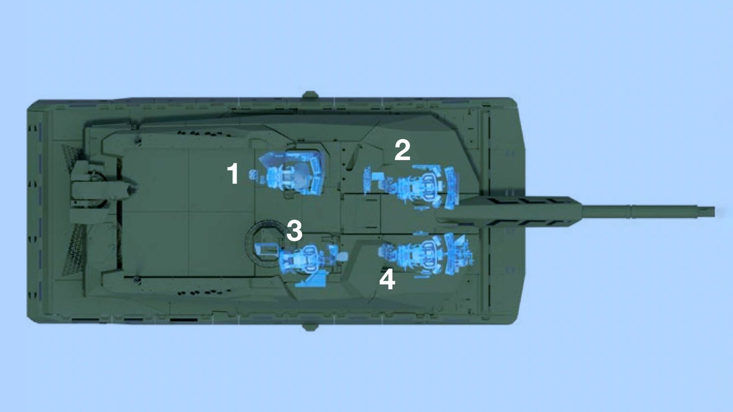 Posiciones de los cuatro tripulantes (el último opcional): 1. Comandante, 2. Especialista, 3. Artillero, 4. Piloto (Rheinmetall)