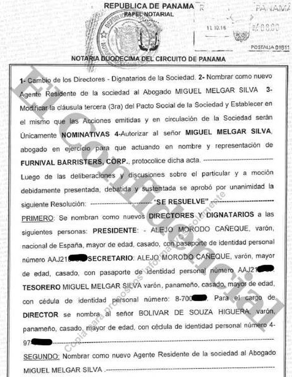 Documento de la sociedad panameña donde aparece por primera vez Alejo Morodo en octubre de 2016