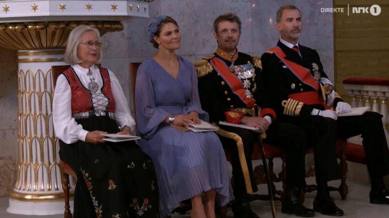 La madre de Mette-Marit, Victoria de Suecia, Federico de Dinamarca y el rey Felipe. (NKR)