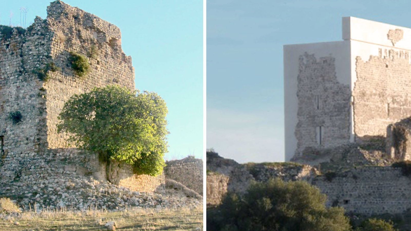 Foto: Castillo de Matrera (Cádiz), antes y después de la polémica restauración.