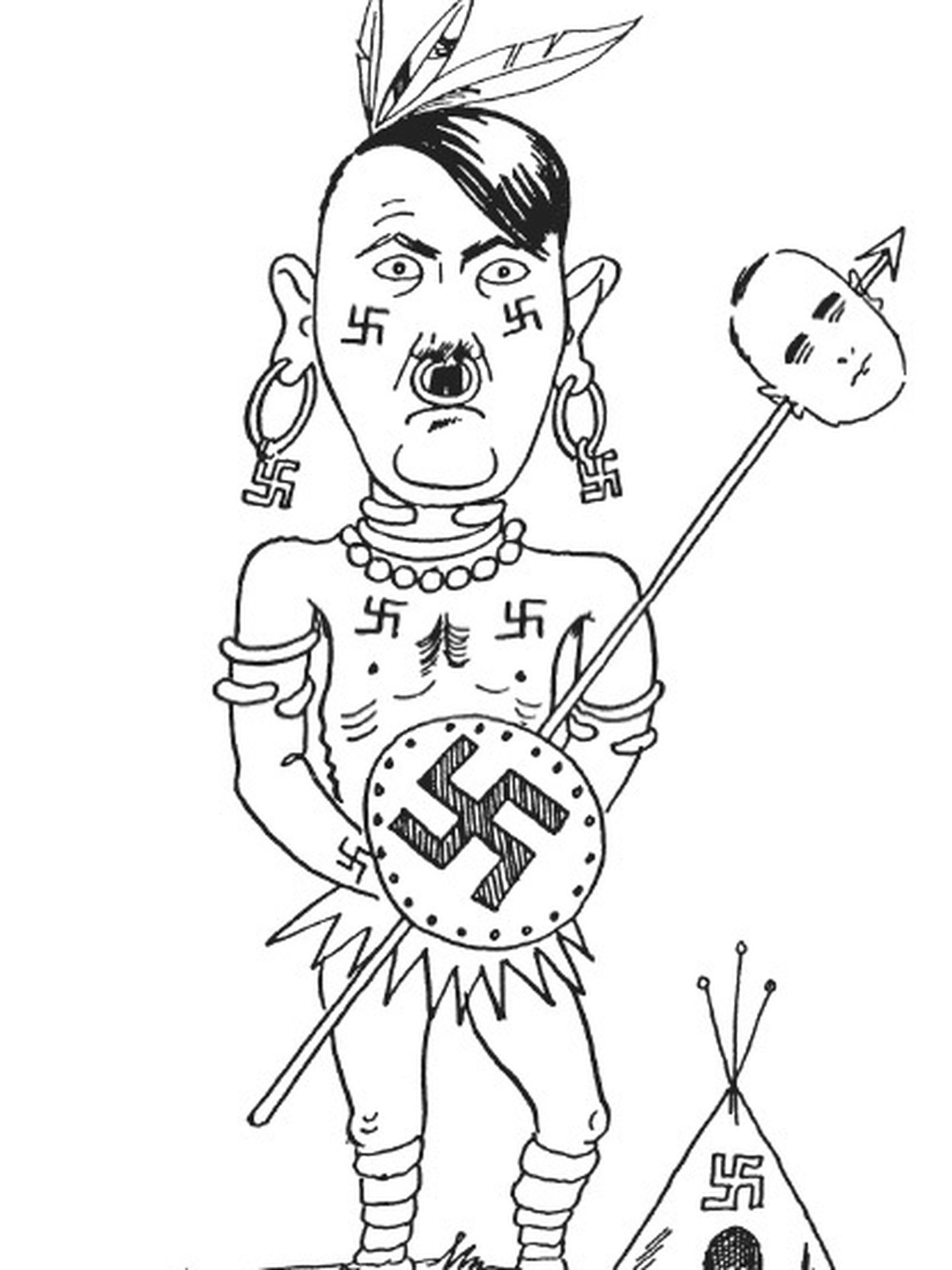Hitler como piel roja en una caricatura de los años treinta