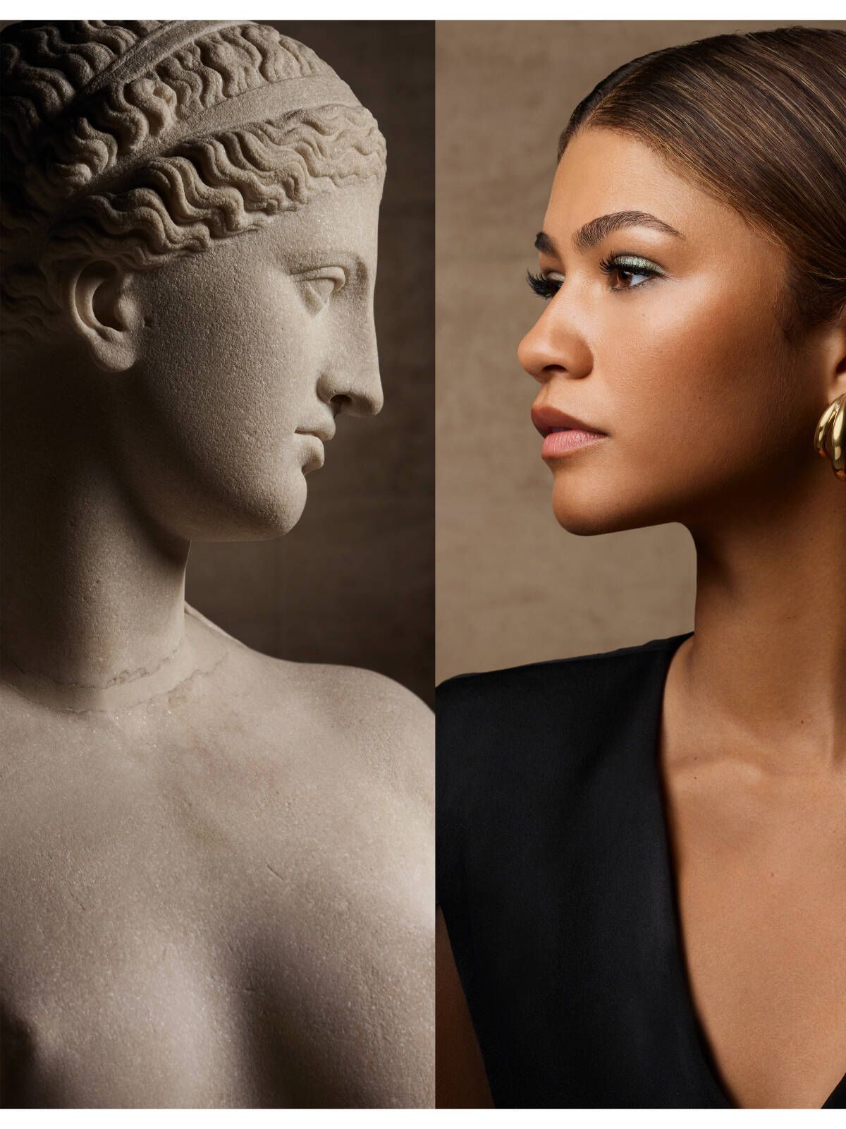 La Venus de Arlés frente al rostro de Zendaya. (Cortesía de Lancôme)