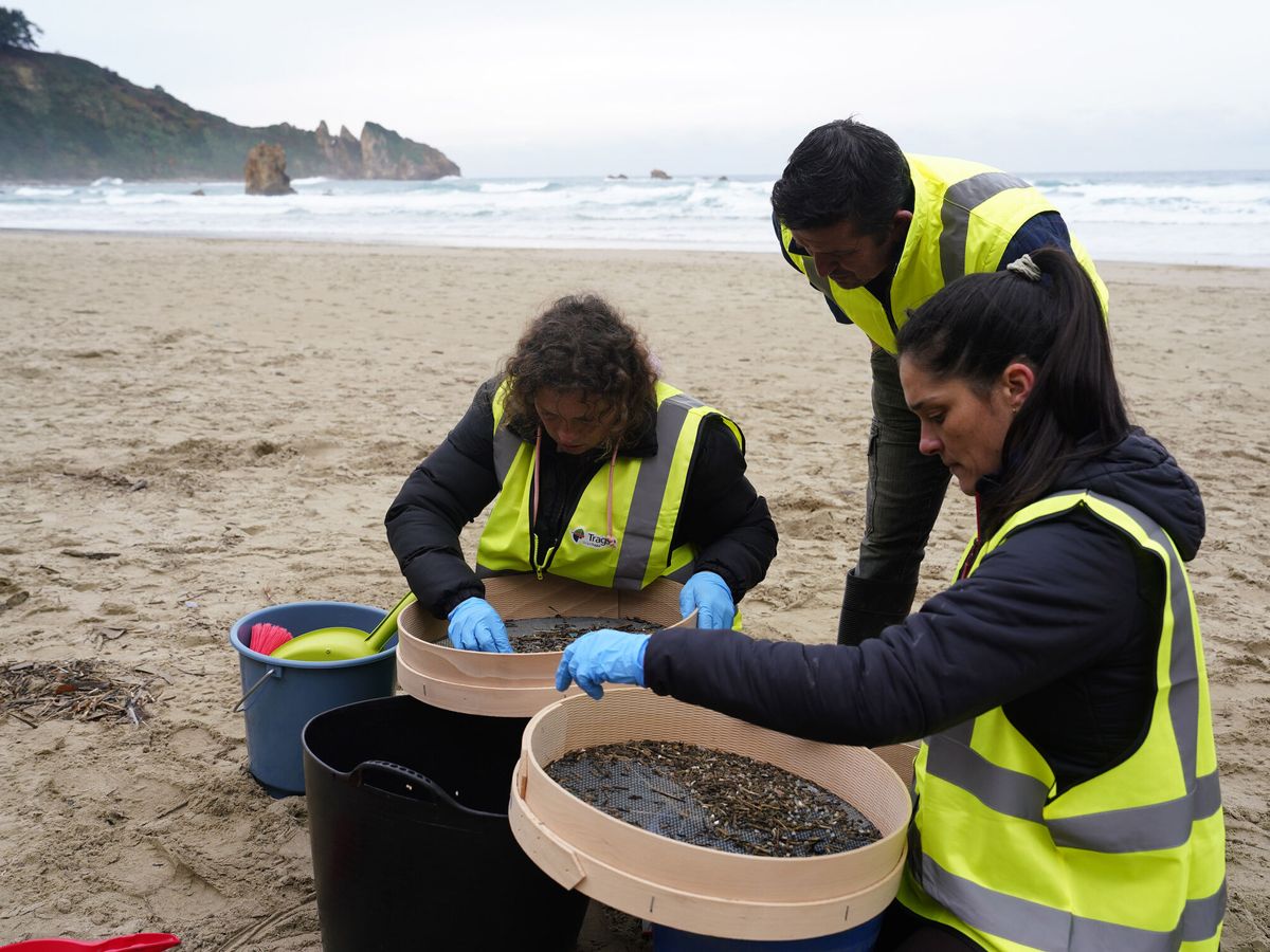 Foto: Labores de limpieza de pellets en las playas. (EFE/Paco Paredes)