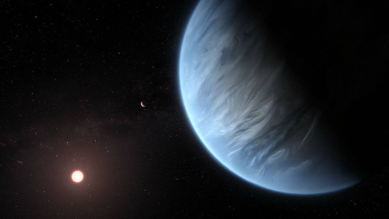 Foto: Ilustración del posible aspecto del planeta K2-18b. (ESA/Hubble, M. Kornmesser)