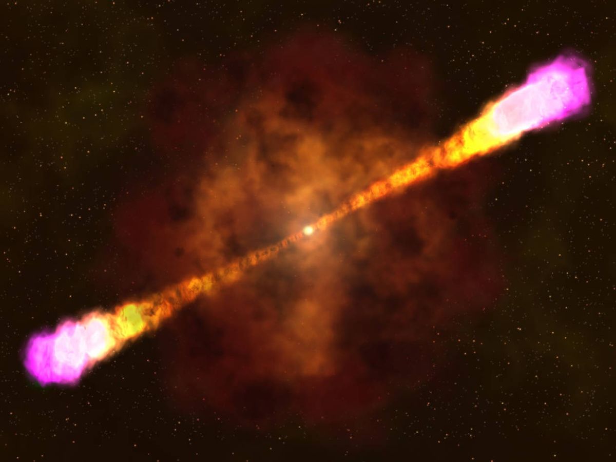 Foto: Representación de una explosión de rayos gamma. (NASA)