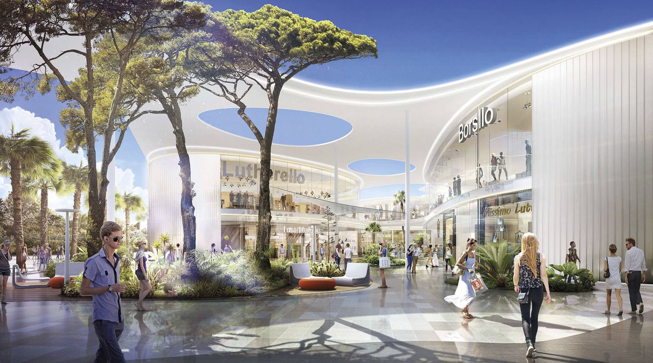 Recreación de un centro comercial del futuro, basado en la arquitectura ecológica y las energías renovables. 