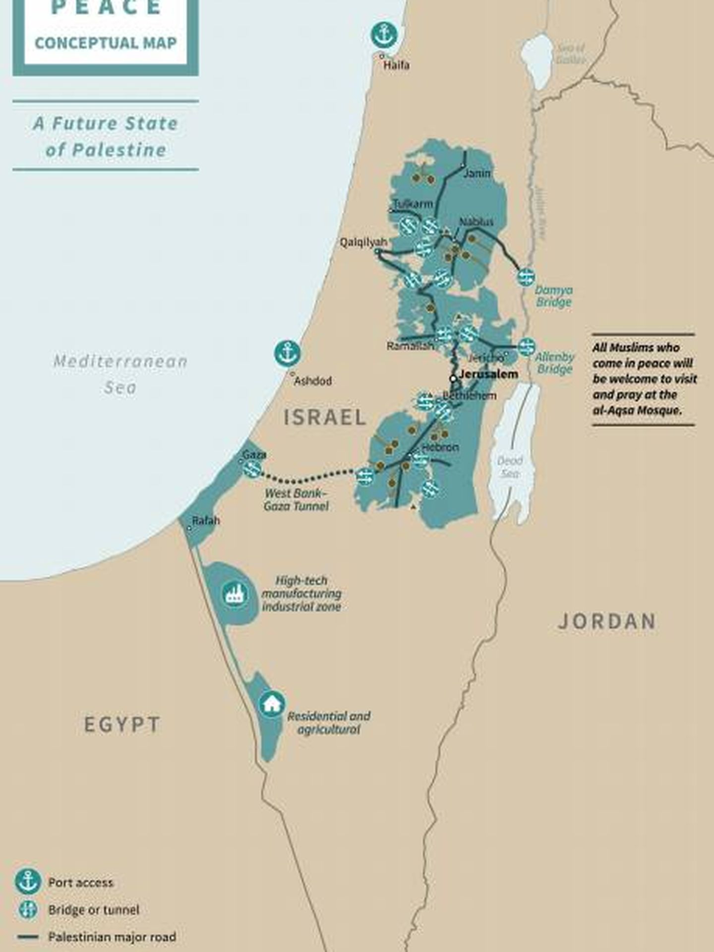 Mapa conceptual de ambos Estados, Israel y Palestina, según el 'plan del Siglo'. (Casa Blanca)