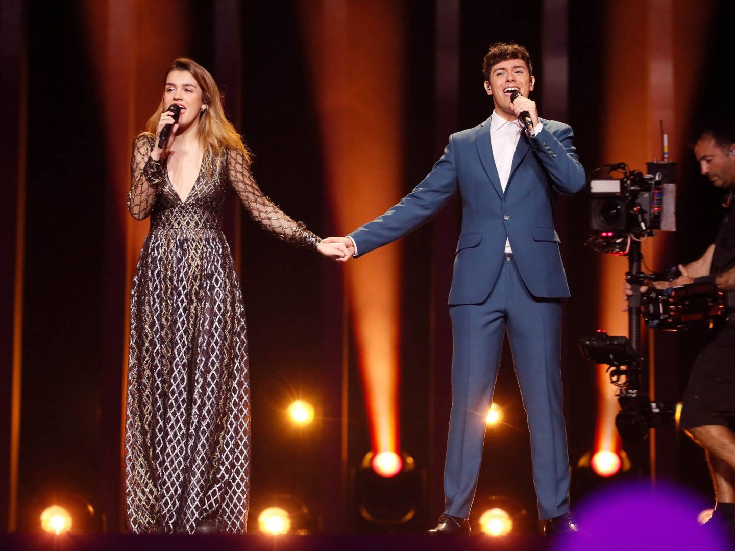 Amaia y Alfred, durante su segundo ensayo en el Altice Arena. (Eurovision.tv)