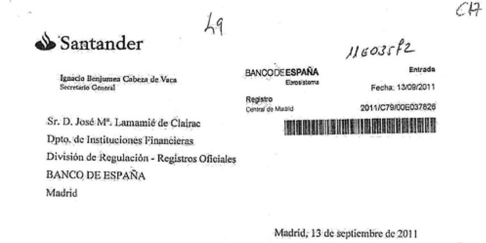 Foto: La carta que el Santander envió al BdE por la inhabilitación de Sáenz