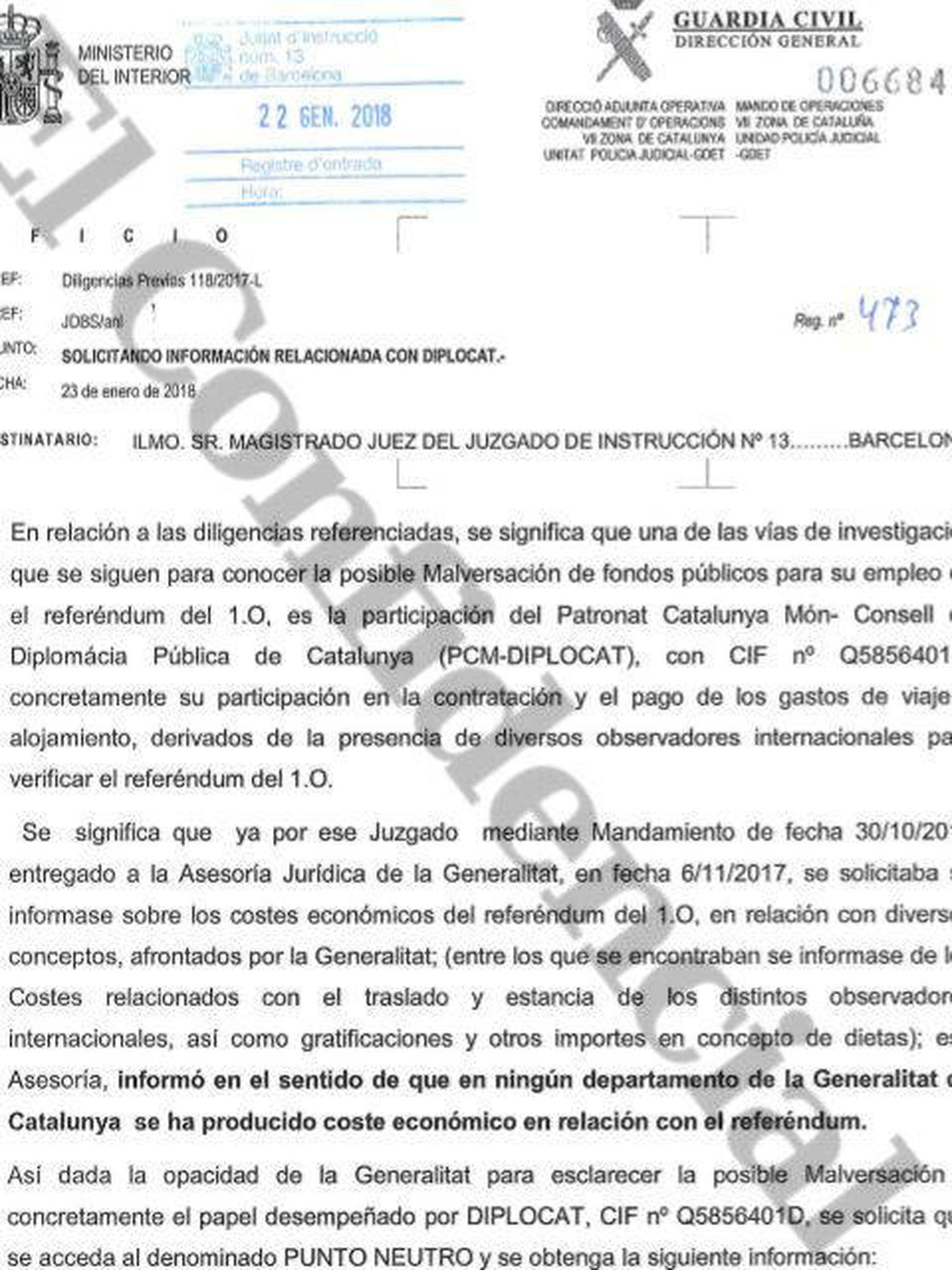 La Guardia Civil reclama en un oficio rastrear las cuentas del Diplocat. (Pinche para ampliar)