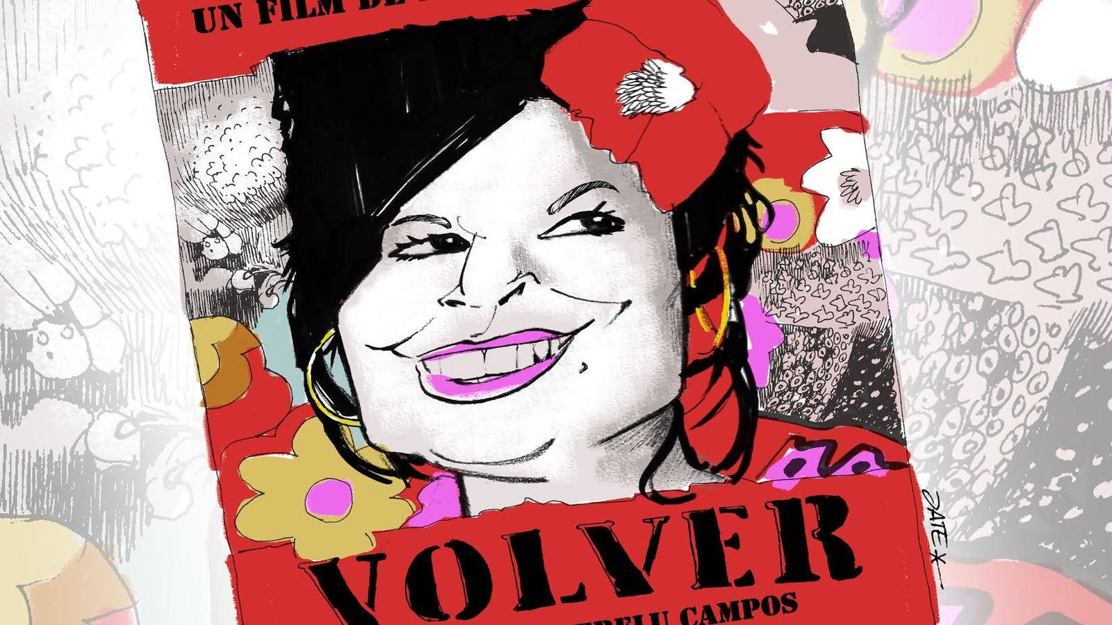 Foto: Terelu Campos en el cartel de 'Volver', de Almodóvar. Ilustración realizada por Jate para Vanitatis