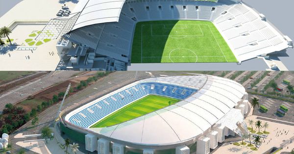 Foto: Arriba, el diseño ganador en el concurso del Gran Estadio de Tetuán presentado por Nawfal Bakhat, y abajo el original de Carlos Lamela