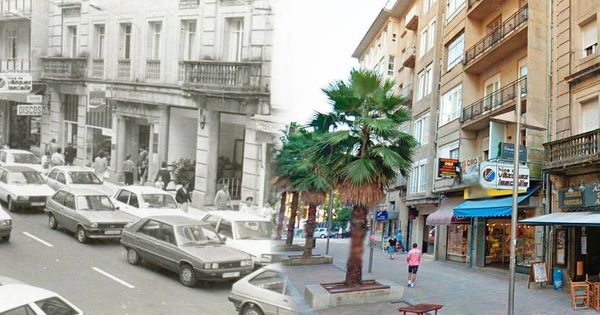 Foto: Calle Mellado, antes y después de la peatonalización. (Concello de Pontevedra)