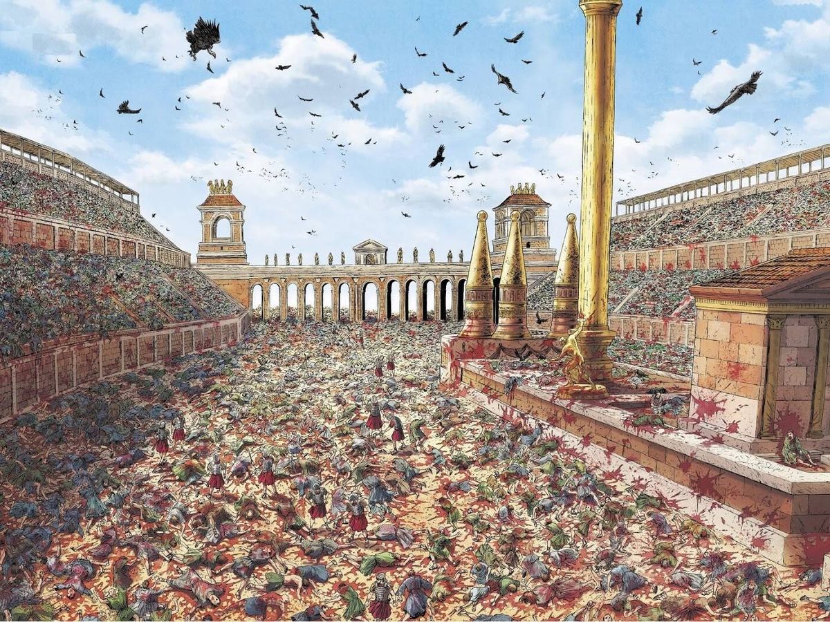 Foto: Ilustración que recrea la escena de los miles de cadáveres en el hipódromo de Constantinopla tras la represión de la revuelta de Niká