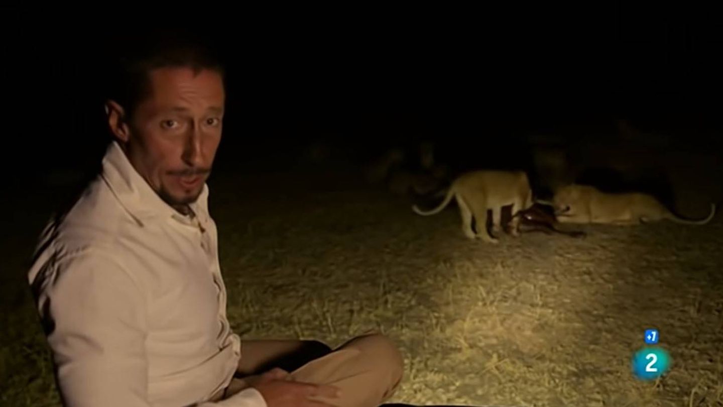 Jorge Alesanco, cerca de unas leonas rodeadas de hienas. (TVE)