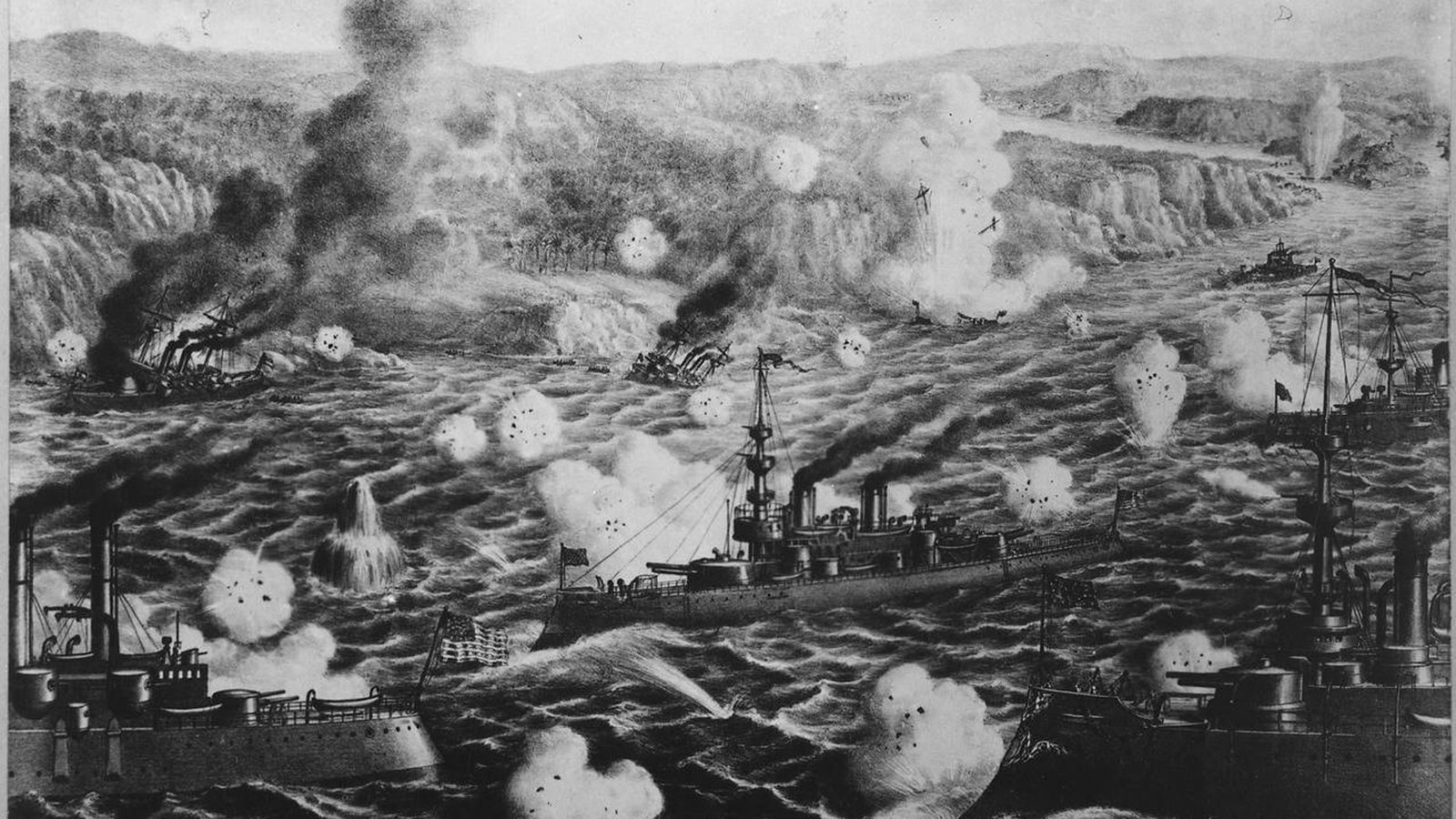Foto: 'Destrucción de la flota del admirante Cervera en Cuba'. (Litografía de 1898)