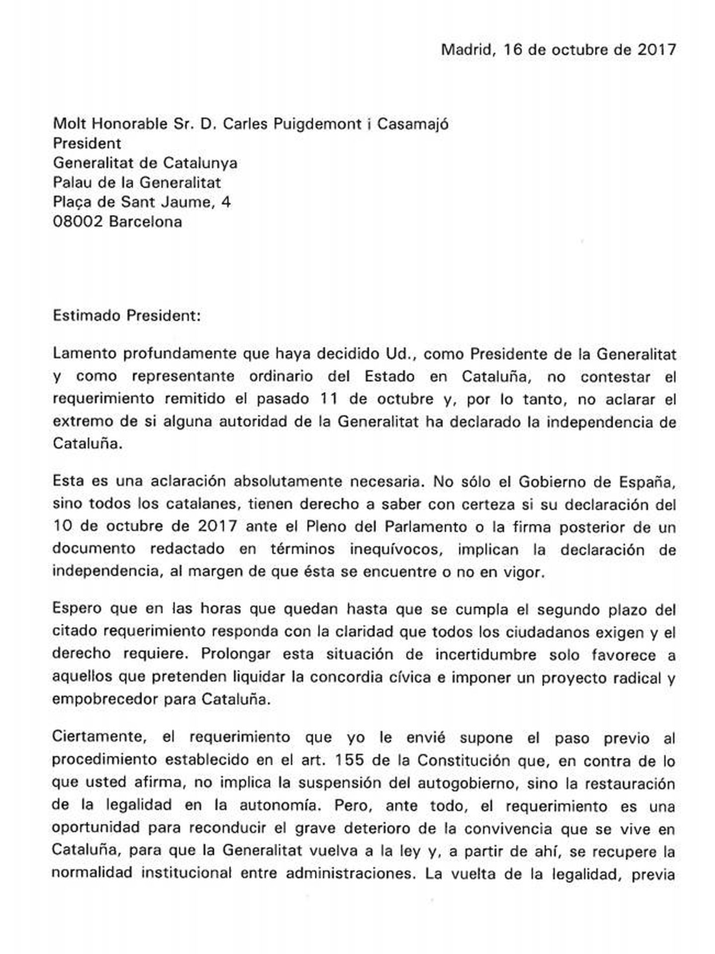 Esta es la carta de Rajoy a Puigdemont