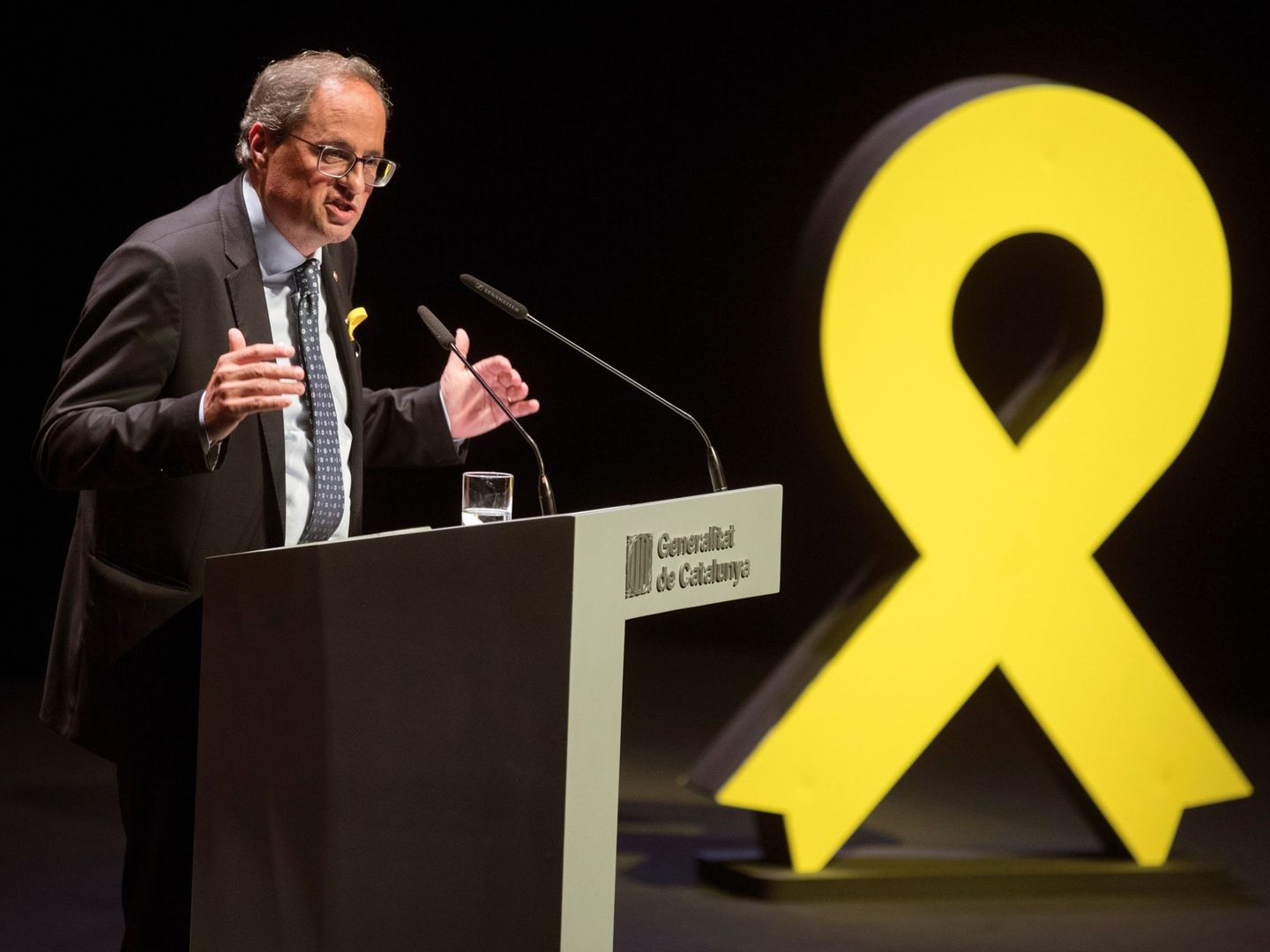 El presidente de la Generalitat, Quim Torra, durante su discurso en el Teatro Nacional de Cataluña. (EFE)