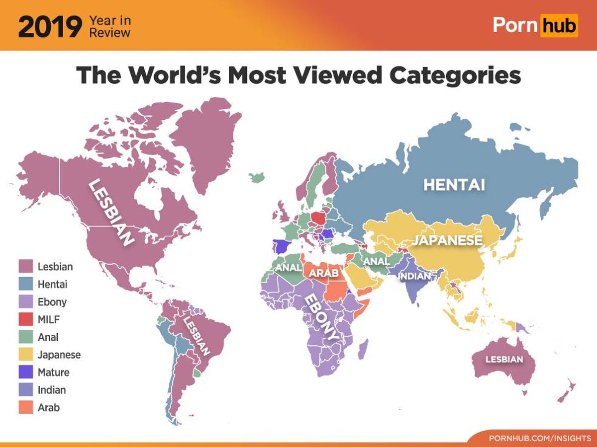 Foto: El mapa con las categorías más vistas en 2019. (Pornhub)