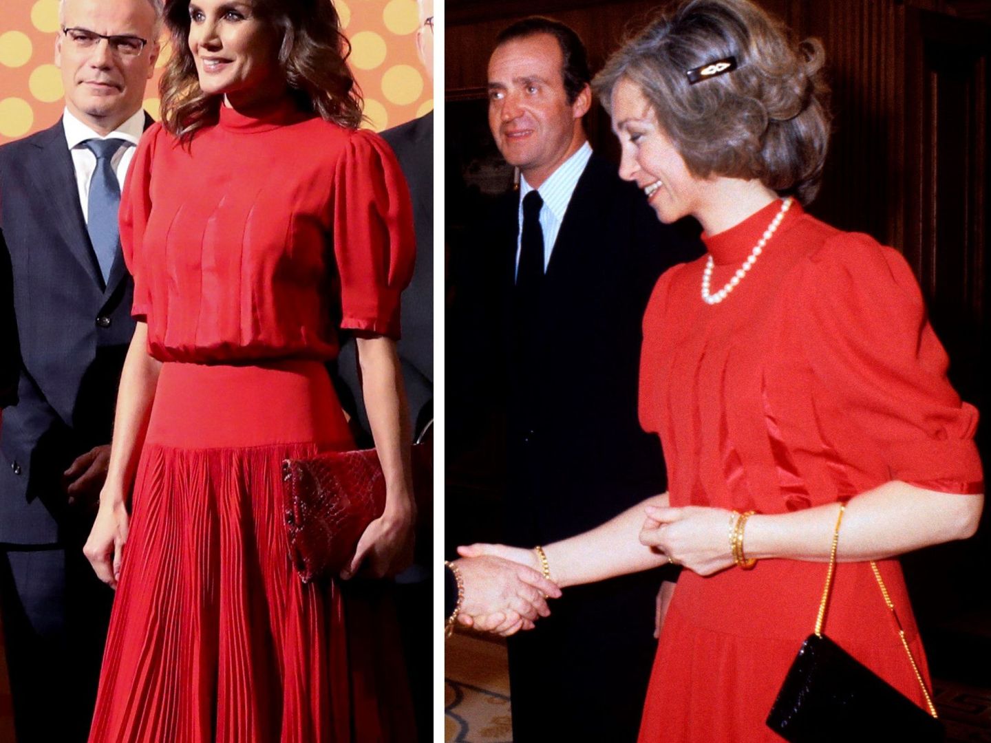 La reina Letizia, en 2018, y la reina Sofía, en 1982 con el mismo vestido. (EFE)