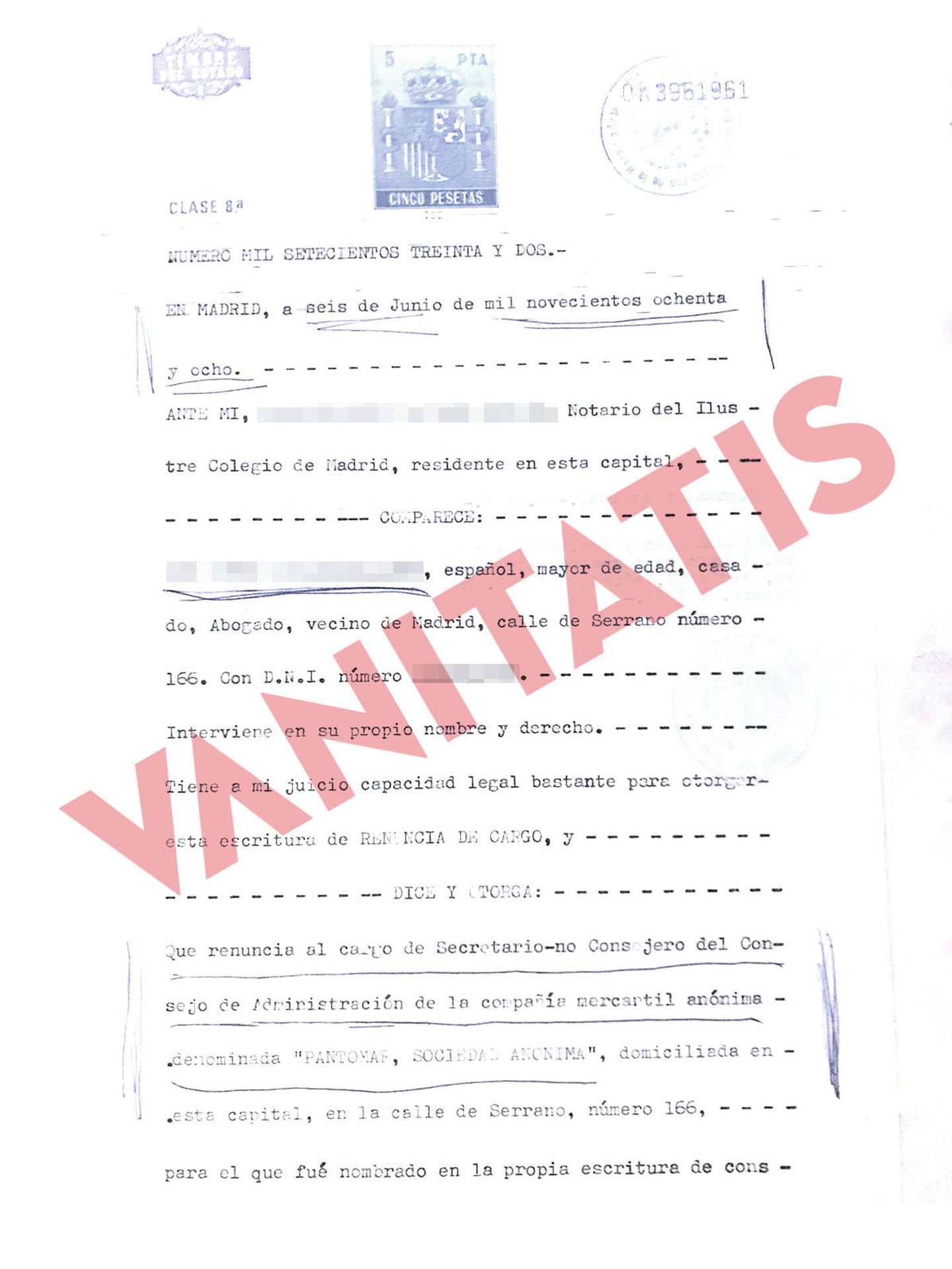 Reproducción del documento notarial que desvincula a Ramón Calderón de Pantomar. 