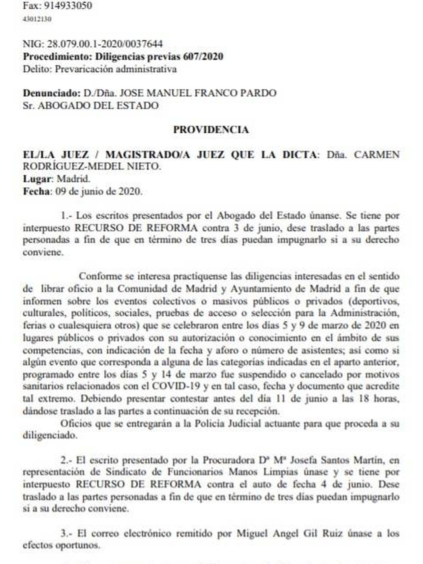 Consulte aquí en PDF la providencia de 9 de junio de 2020 de la jueza Carmen Rodríguez-Medel. 
