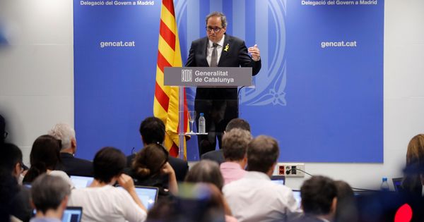 Foto: El presidente de la Generalitat de Catalunya, Quim Torra, durante su comparecencia ante los medios de comunicación en la librería Blanquerna de Madrid. (EFE)