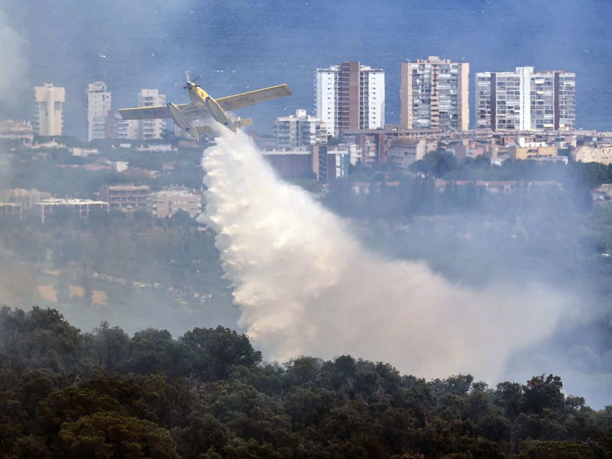 Foto: Una avioneta trata de sofocar las llamas de un incendio forestal en la localidad de Santa Cristina d'Aro. (EFE/ David Borrat)