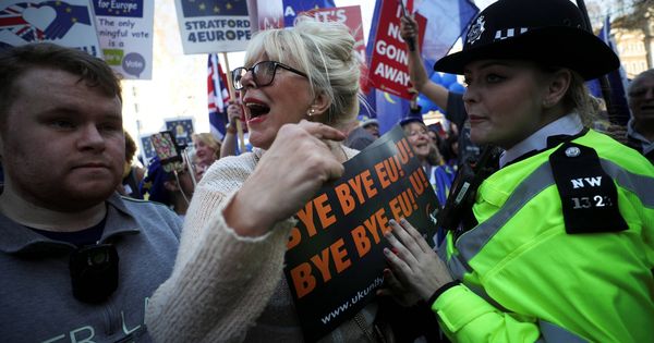 Foto: Una manifestante a favor del Brexit se enfrenta a una agente de policía ante Downing Street, en Londres. (Reuters)