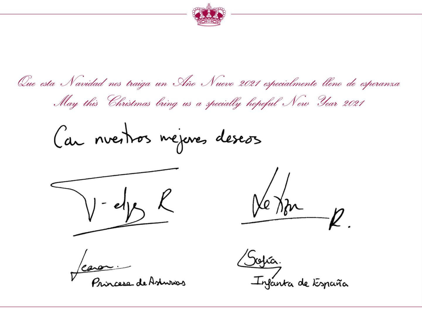 Las firmas de los Reyes y sus hijas en la tarjeta de felicitación navideña. (© Casa de S.M. el Rey)