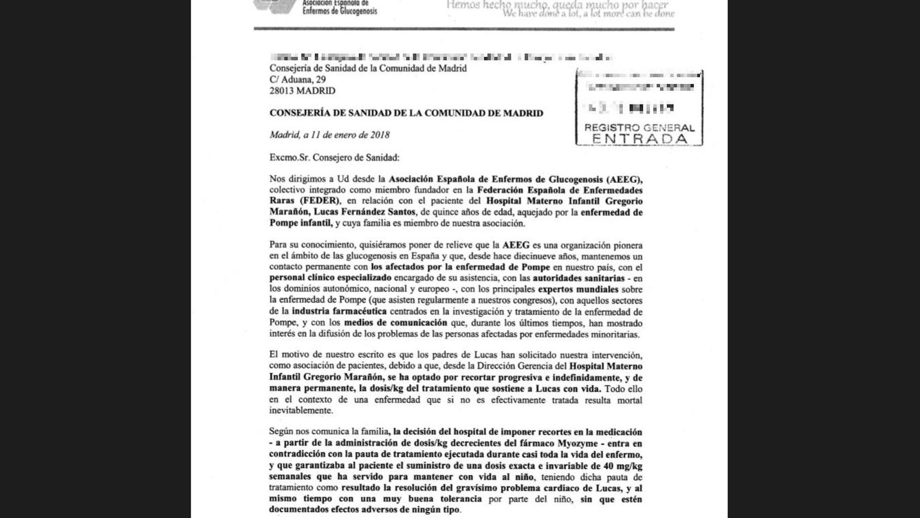 Escrito enviado el pasado enero por la AEEG, a la que pertenece el paciente, a la Consejería de Sanidad de Madrid.