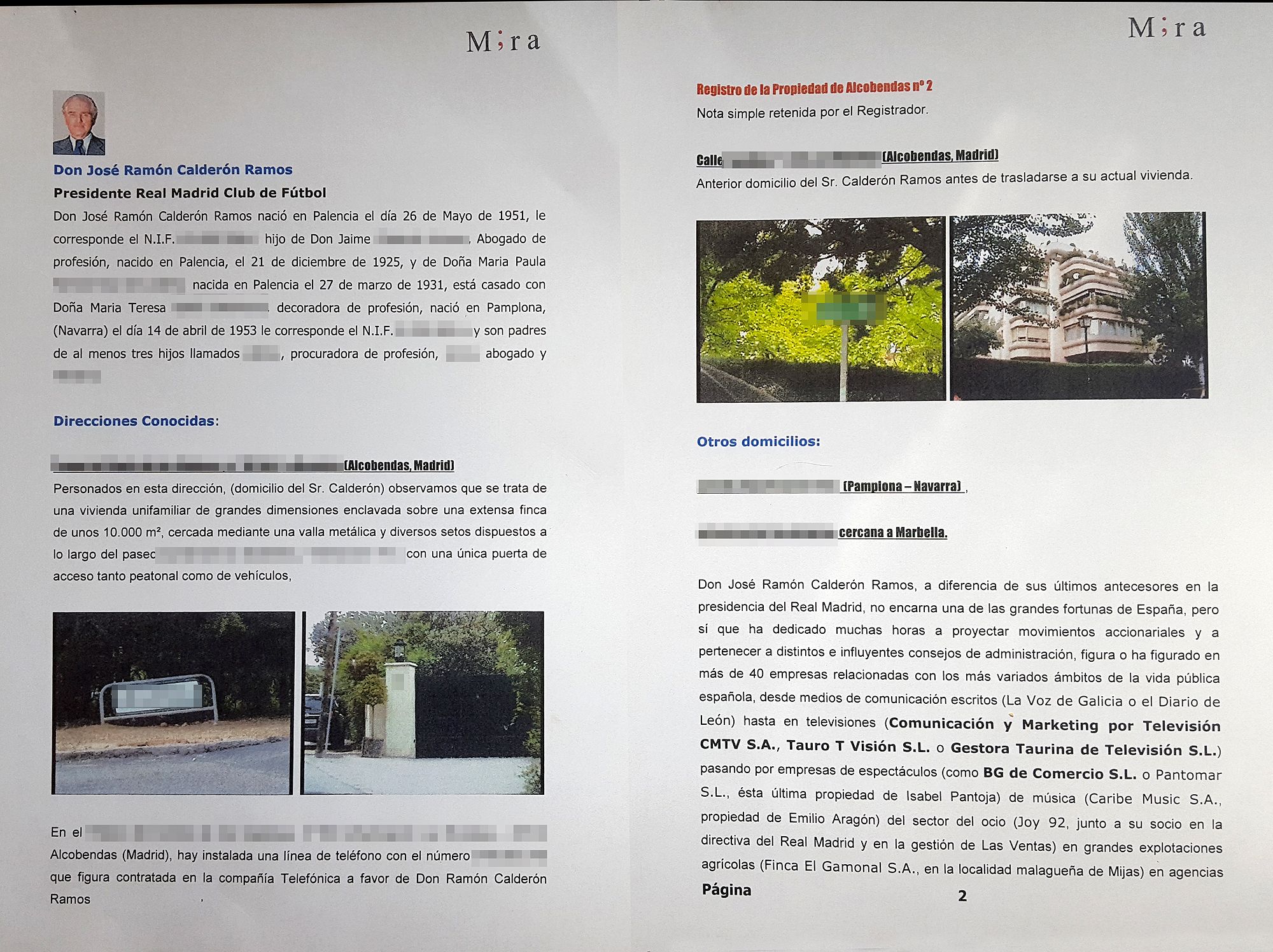  Las primeras páginas del dossier que la agencia de detectives Mira elaboró sobre Ramón Calderón